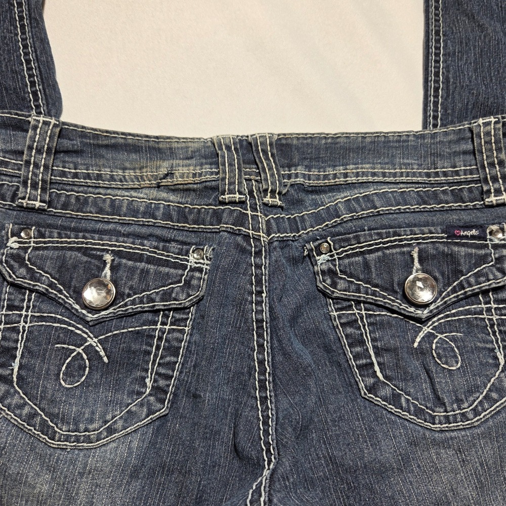 Angels Womens Skinny Jeans Blue Dark Wash Thick Stitch Rhinestone Low Rise Sz 5 - Picture 5 of 8